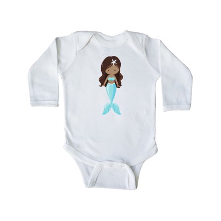 

Inktastic African American Mermaid Brown Hair Blue Tail Gift Baby Girl Long Sleeve Bodysuit