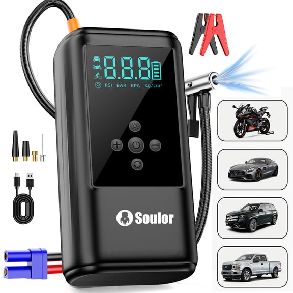 Soulor Jump Starter with Air Compressor, 3000A 12V Jump Box (for 10L Gas or up to 10L Diesel),160PSl Digital Tire Inflatorwith Emergency Light