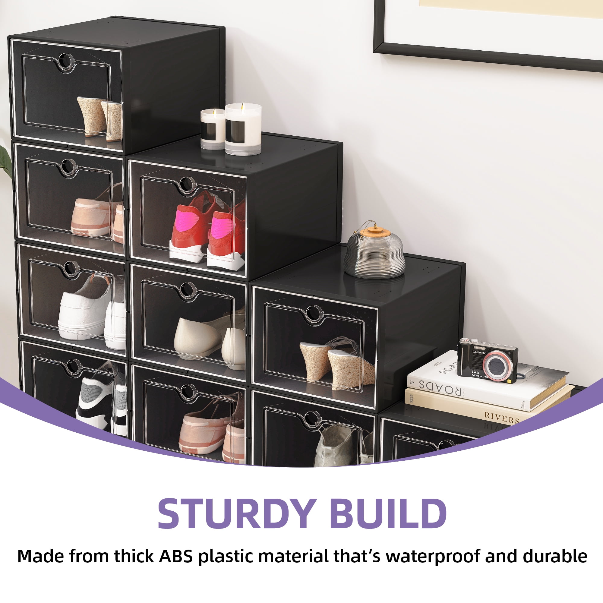 Uforic XL Shoe Storage Box, 18 Pack Stackable Clear Plastic Shoe Organizer Box with Lids,for Entryway Hallway, Black