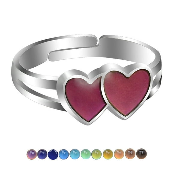 10pcs Enamel Double Heart Mood Ring Temperature Change color Feeling Alloy Adjustable Ring for Women Size 6 1/2(16.9mm)