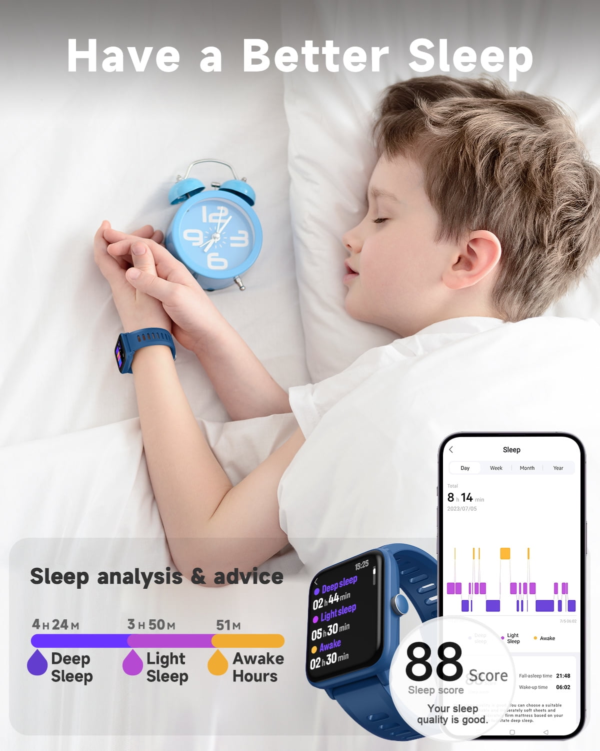 BIGGERFIVE Kids Smart Watch, 1.5''HD Touchscreen Fitness Tracker for Girls Boys, 5ATM Waterproof, Blue