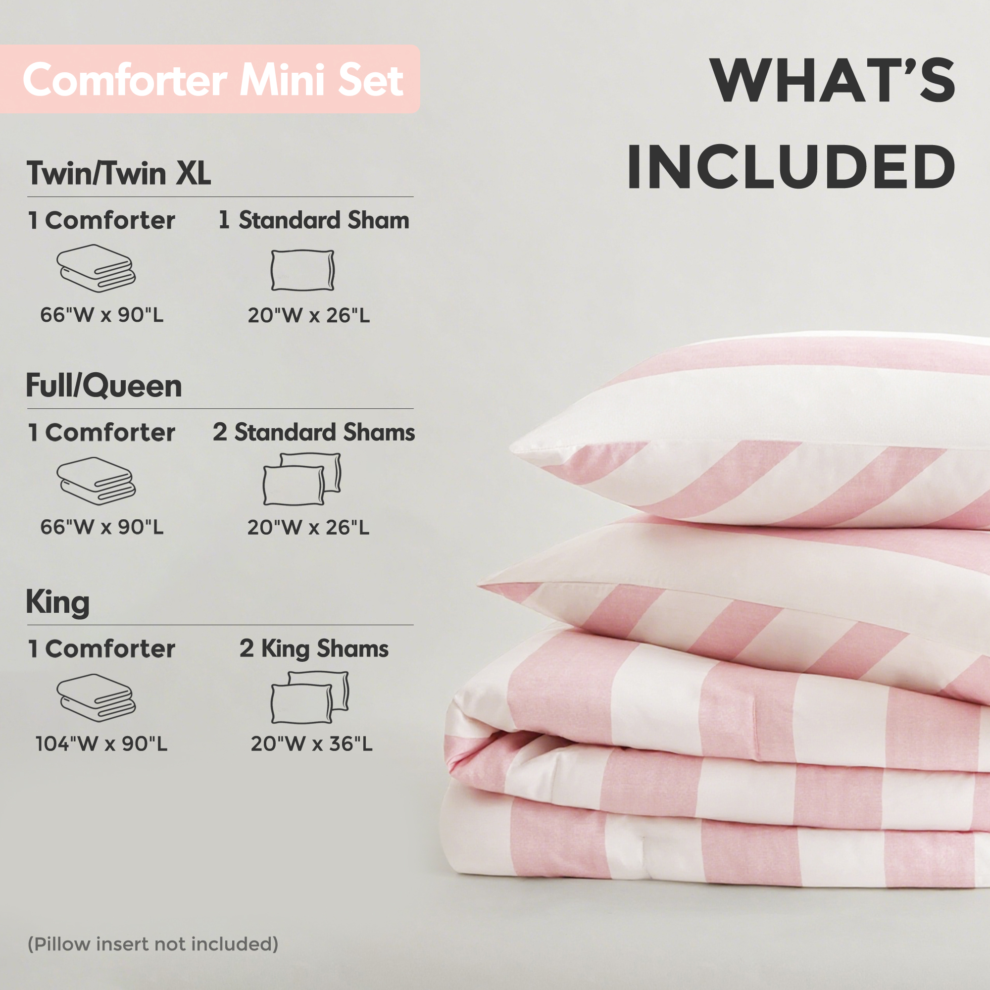 Regency Heights Essential Full/Queen Size Comforter Sets, 3-Piece Bedding Set Full/Queen, Reversible Striped Comforter Bed Set, Blush