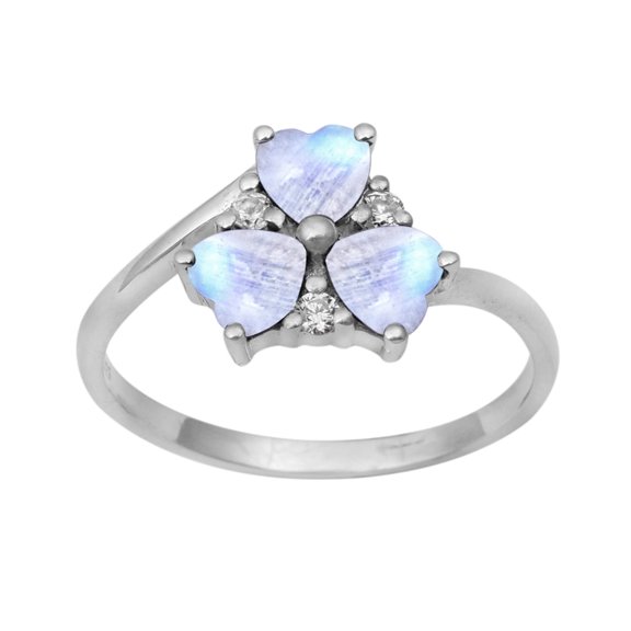 Mooneye Three Stone 4 mm Moonstone 925 Sterling Silver Valentines Day Gifts Women Heart Ring