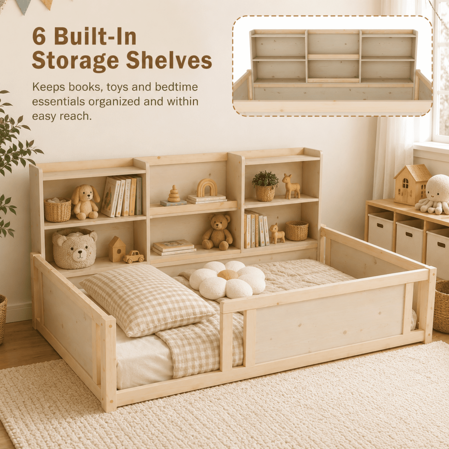 Miniyam Twin Size Floor Bed, Kids Bed Frame with Guardrails and 6 Built-In Side Storage Shelves, Natural