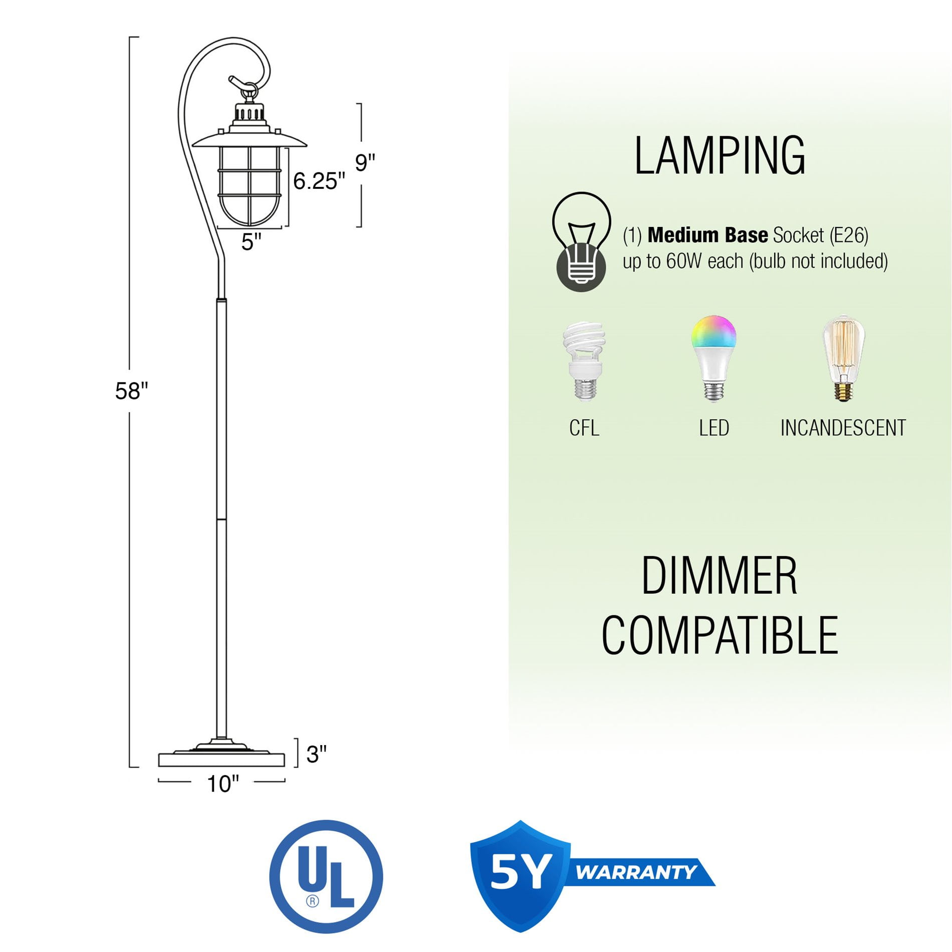 Kira Home Lantern 58" Nautical Floor Lamp + 6W Bulb ( / ), Hanging Shade Design + Cage, Brushed Pewter