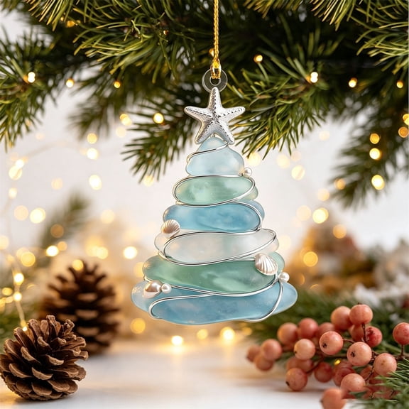 Dalxymotic Christmas Sea Glass Hanging Ornament, Beach Themed Hanging Pendant Decor, Holiday Tree Decoration Ornament, Christmas Sea Glass Ornament for Home, Tree, Mantel, Shelf