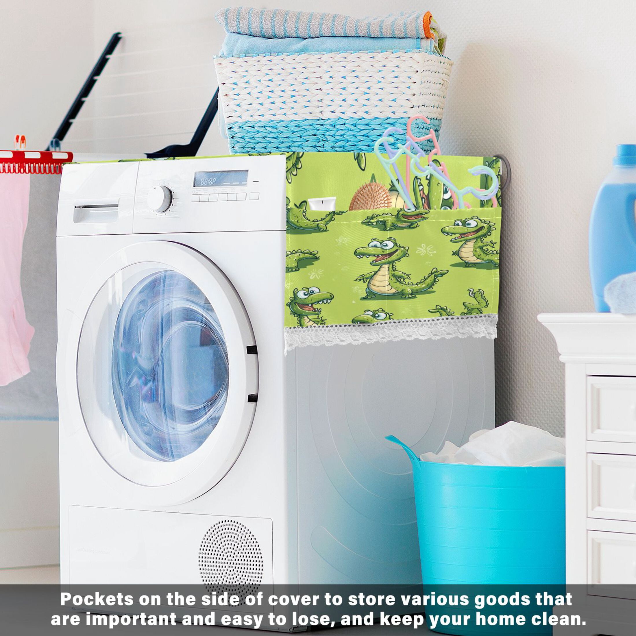 Lovely Cartoon CrocodileWasher and Dryer Covers Dust-Proof and Oil Resistant Fridge Cover with 4 Storage Pockets Washing Machine Top Cover for Laundry Kitchen Home 51.2 x 22 In