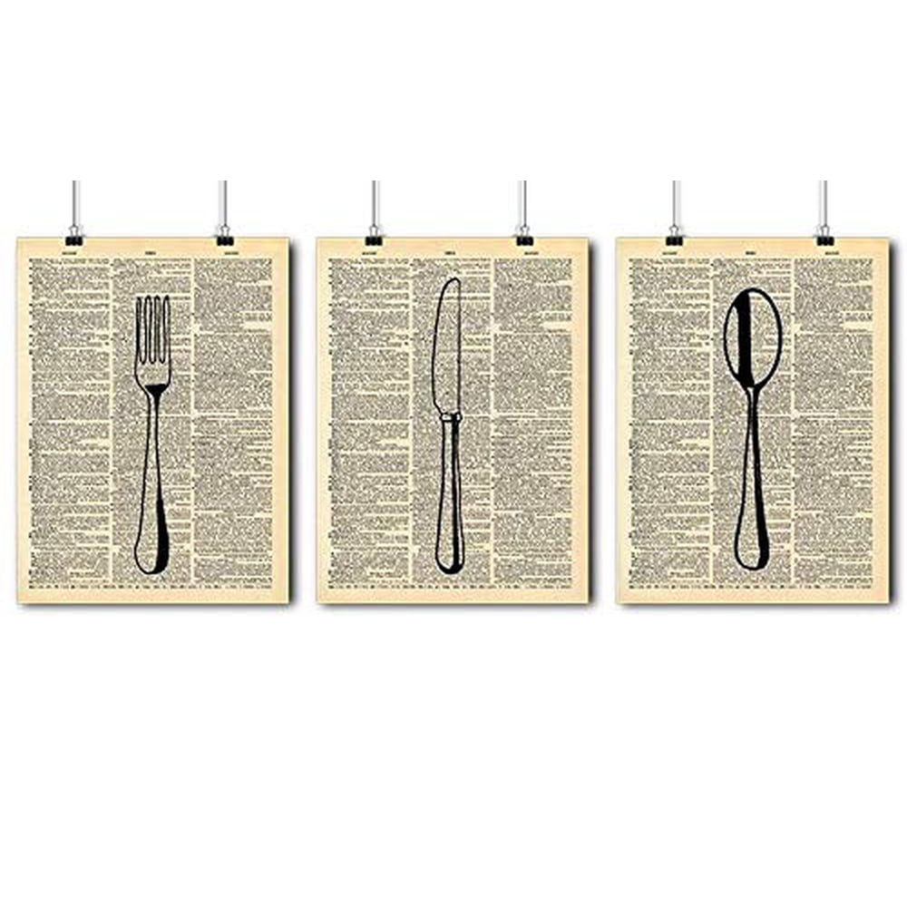 Fork Knife Spoon - Kitchen Art 3 Prints - Vintage Dictionary Print 8x10