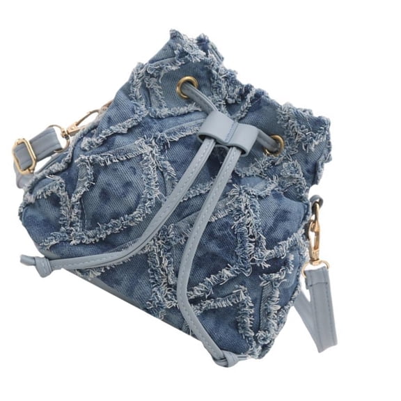Women Denims Minis Bucket Shoulder Crossbody Bag Drawstring Quilted Distressed Tassels Barrels Shape Satchel Purses Gift