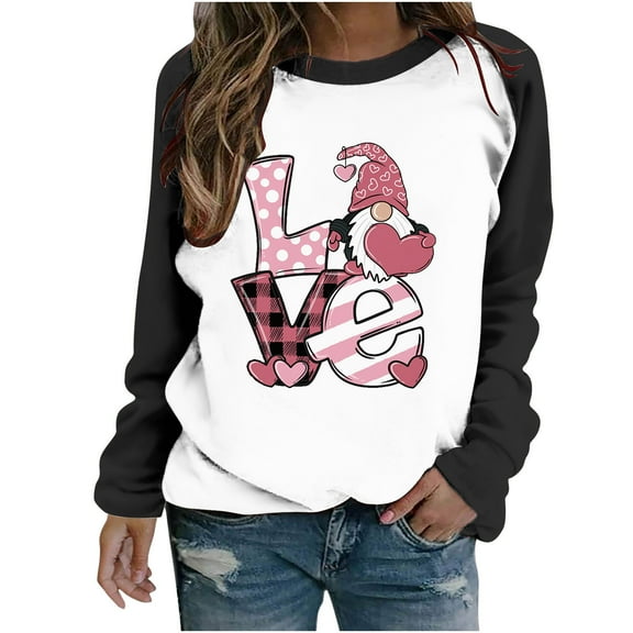 VALMASS Plus Size Valentine's Day Raglan Sleeve Sweatshirts Cute Print Cozy Tops Casual Crewneck Tunic Sweatshirts (S, A Black)