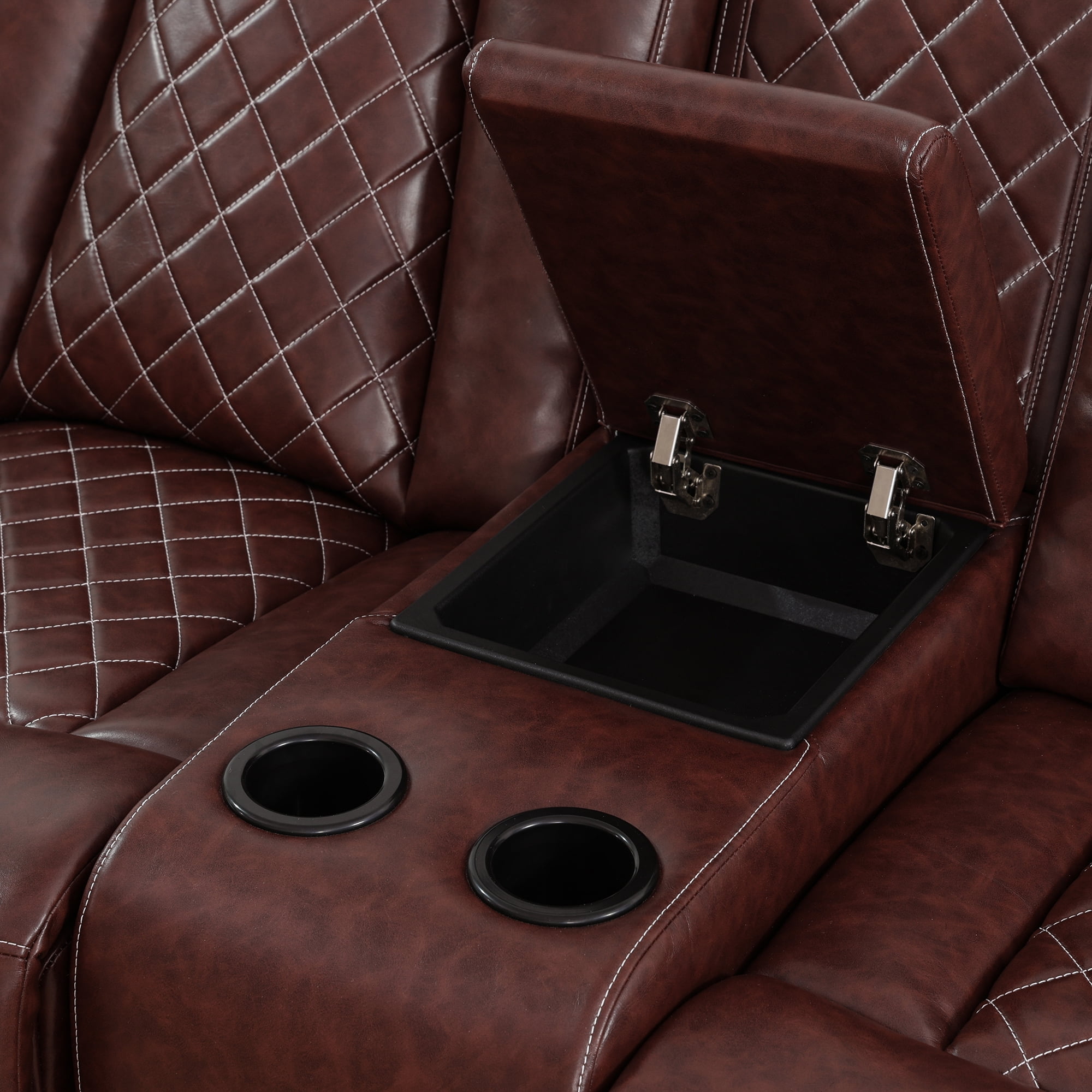 Gewnee Loveseat Power Reclining Multifunctional Sofa, Air Leather, Storage Console, Cup Holders,Reddish brown