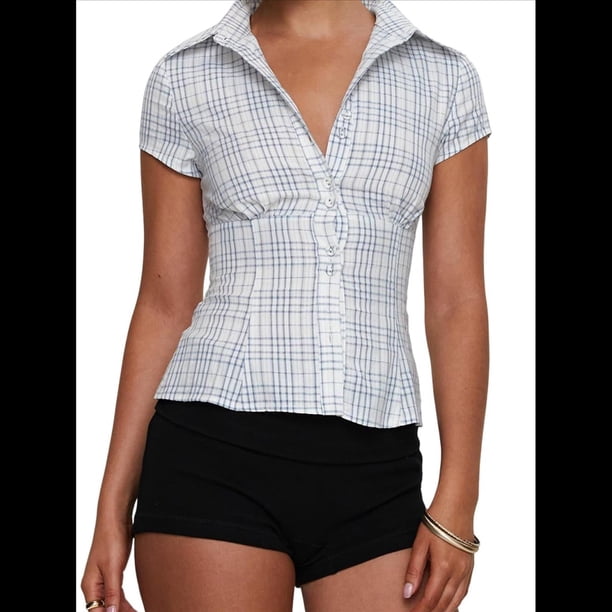 Camisa Informal de Corta con Botones y Cuello en V para Mujer, Estilo Y2K, con Cuadros y Abertura Frontal. Azul L