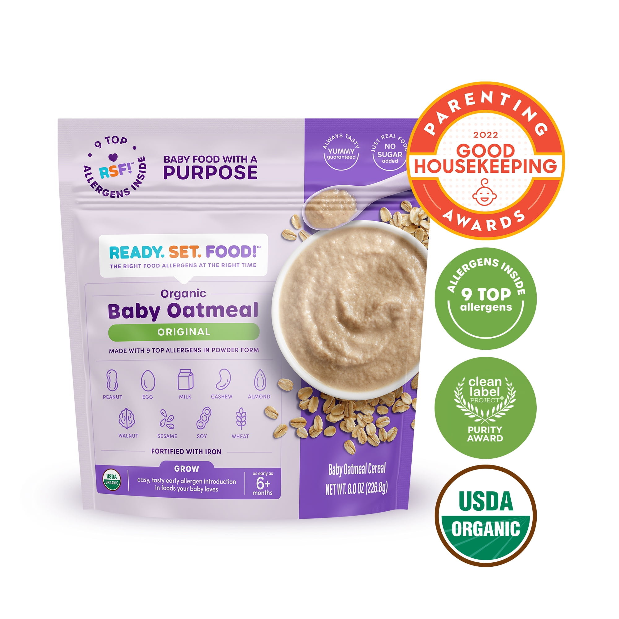 Ready, Set, Food! Organic Early Allergen Introduction Baby Oatmeal, Original, Baby Food Stage 3