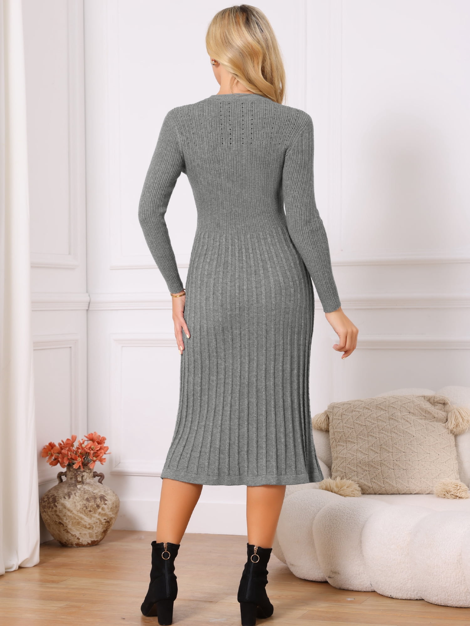 DARING DIVA Women's Long Sleeve Sweater Fall Crewneck Ribbed Knit Dress M Grey