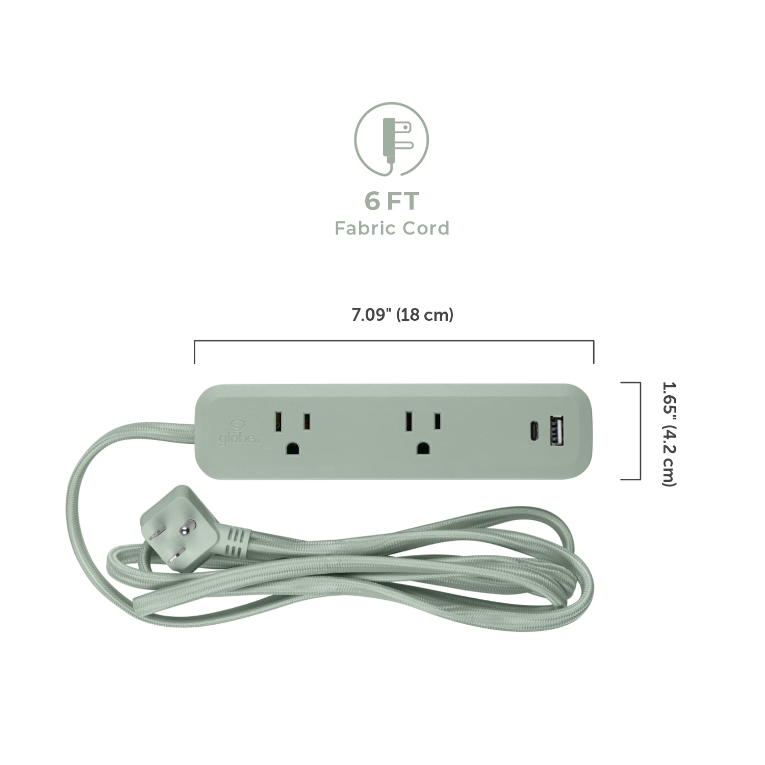 Globe Electric Surge Protector Power Strip, 900J, USB-A and USB-C, 6 ft, Cool Toned Green