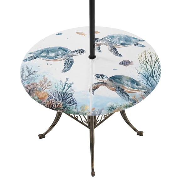 Sea Turtle Coastal Round Outdoor Tablecloth with Umbrella Hole Zipper, Summer Beach Coral Ocean Blue Nautical Elastic Fitted Table Cover, Waterproof Table Cloth for Patio Picnic Party Fits 31"-35"