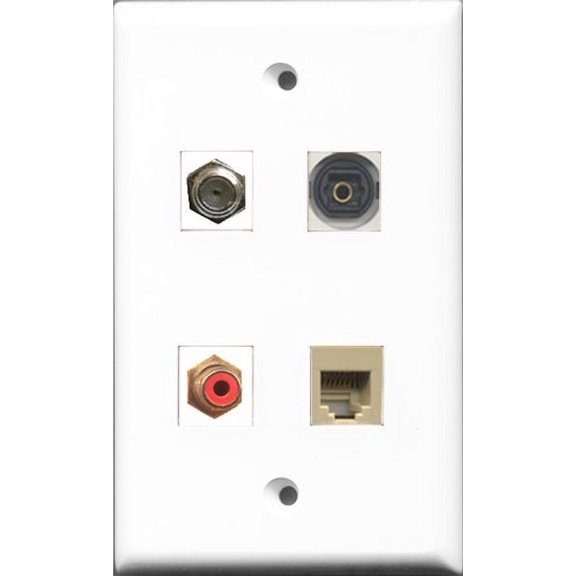RiteAV 1 Port RCA Red and 1 Port Coax Cable TV- F-Type and 1 Port Phone RJ11 RJ12 Beige and 1 Port Toslink Wall Plate