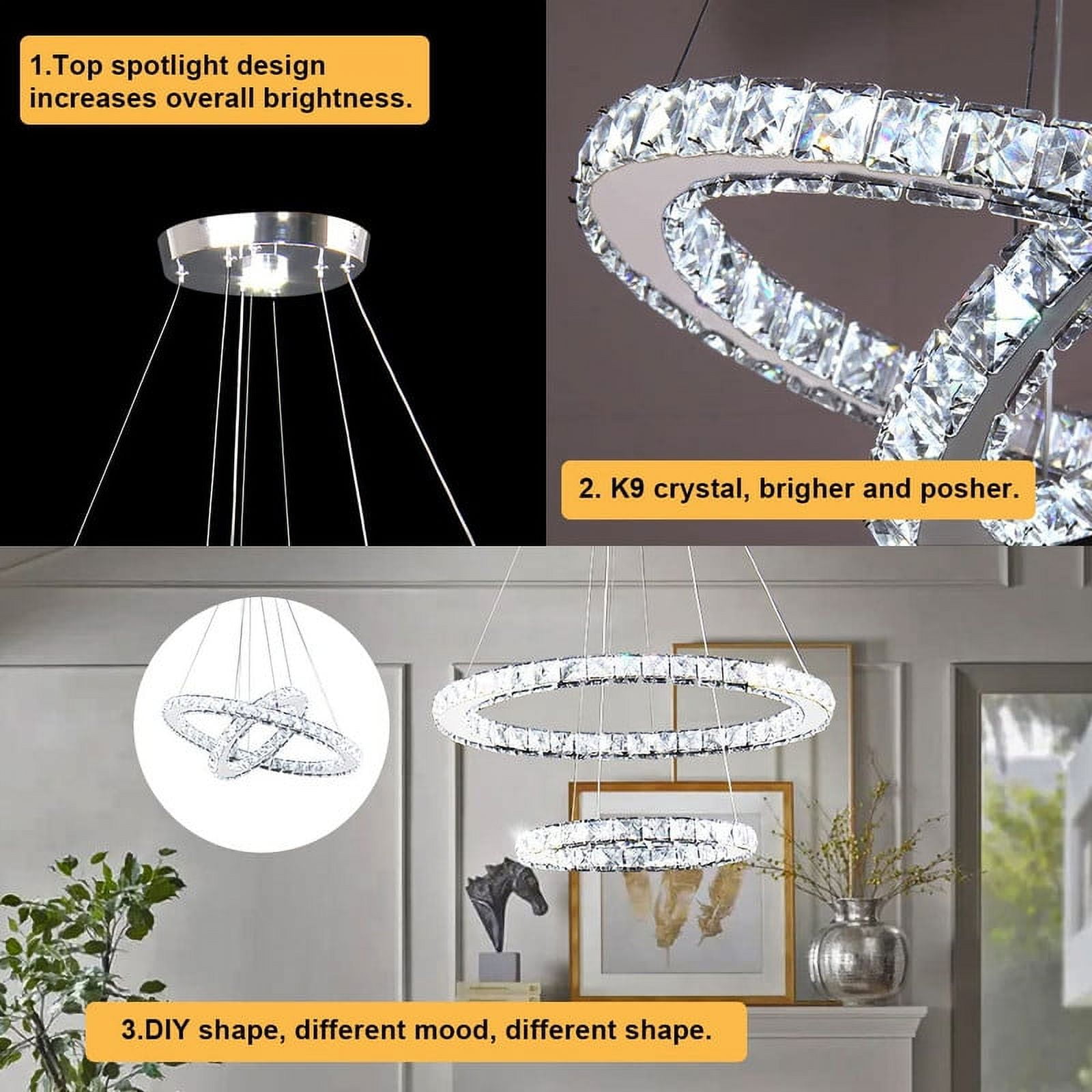 FRIXCHUR LED Modern Crystal Chandelier Ceiling Pendant Light 2 Rings Adjustable Stainless Steel Lighting Fixtures Dining Room Living Room (White)