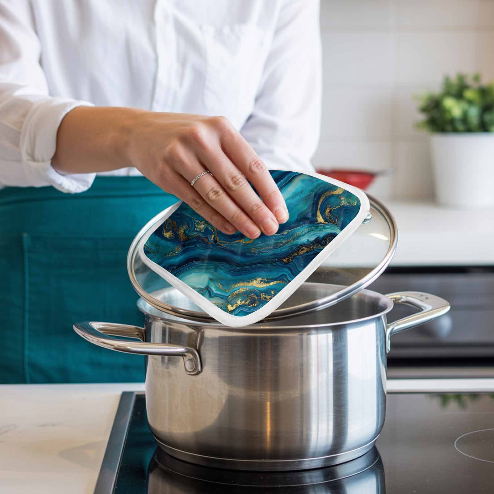 Teal Blue Marble Pot Holders for Kitchen Heatproof Potholder, 5 Pack Ink Painting Modern Abstract Yellow Hot Pads Multipurpose Oven Pads Cloth Potholders Trivet for Cooking Baking