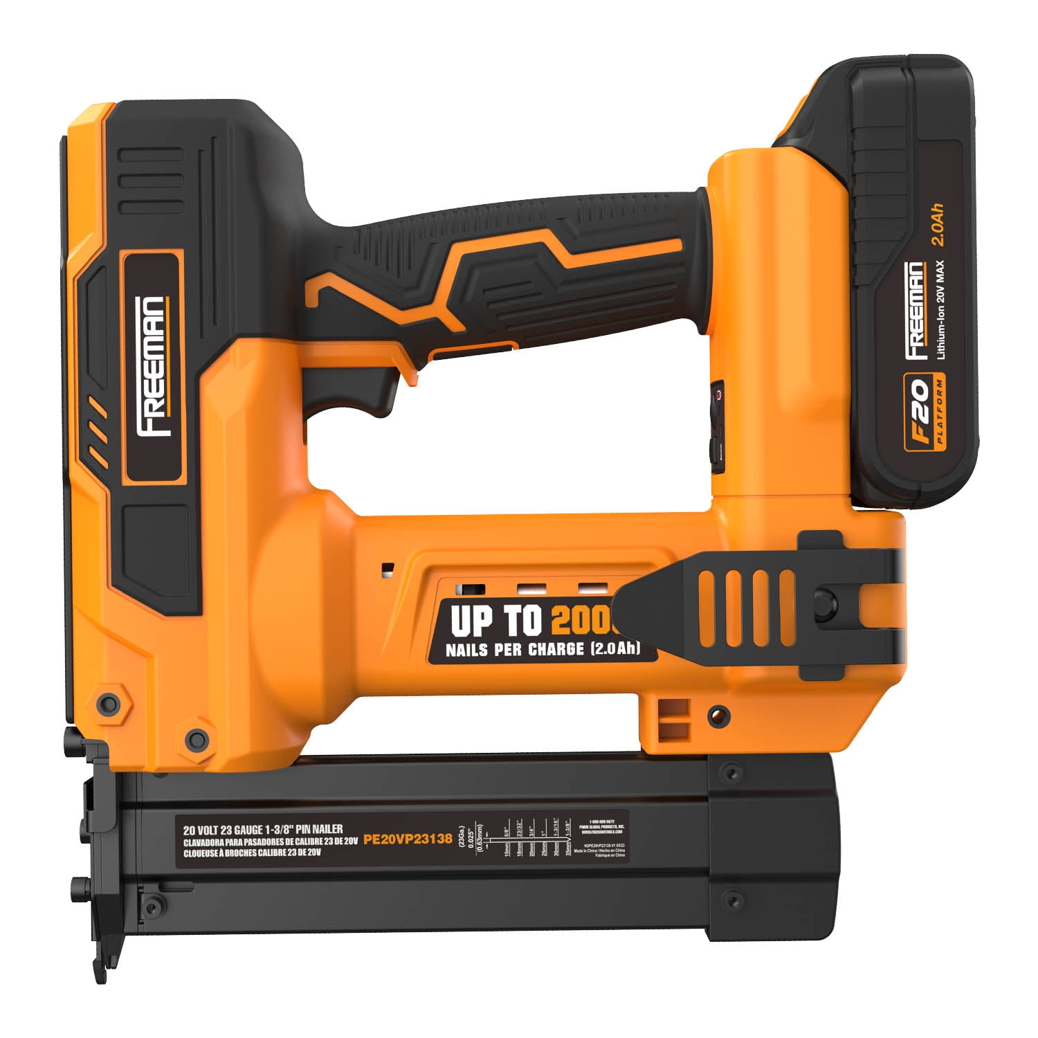 Freeman PE20VP23138 20 Volt Cordless 23-Gauge 1-3/8" Pin Nailer Kit with Lithium Ion Battery, Charger, Bag, and Nails (1000 Count) – 2000 Shots per Charge