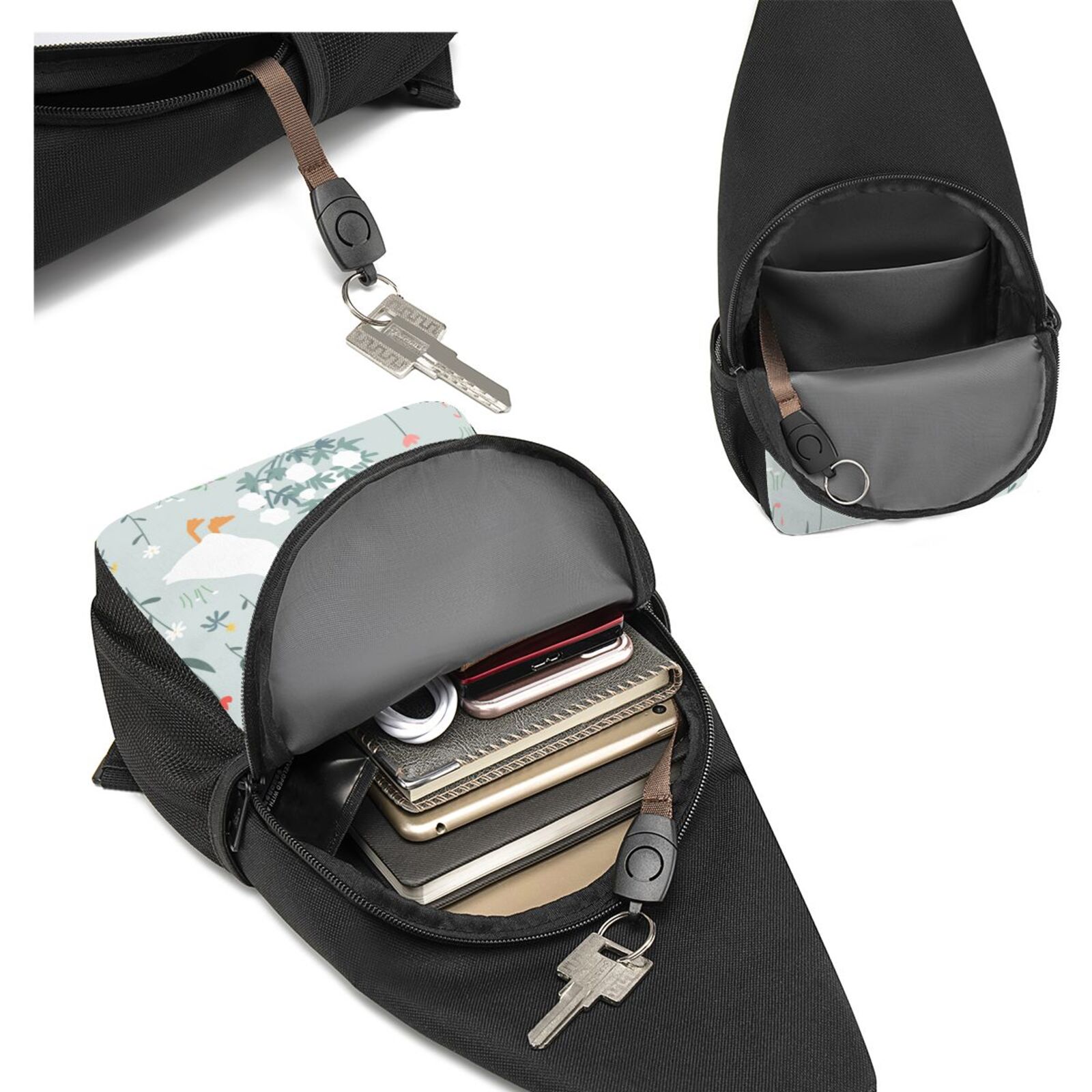 Xecao's Goose and Doodle Flowers Print Sling Bag: A Versatile Chest, Shoulder, and Crossbody Backpack for Casual Days Out, Perfect for Both Men and Women