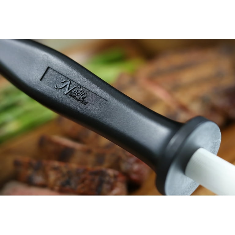 A ceramic honing rod is used to maintain the existing edge of your knife