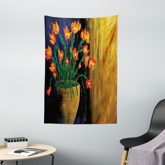Flower Tapestry, Oil Painting Composition with Botanical Vase Design Weathered, Wall Hanging for Bedroom Living Room Dorm Decor, 40"W X 60"L, Vermilion Blue and Earth Yellow, by Ambesonne