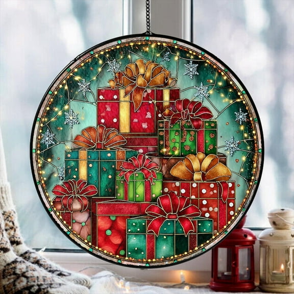 Christmas Gift Boxes Glass Suncatcher, Faux Stained Glass Holiday Window Hanging, Festive Christmas Present Ornament, Winter Home Decoration