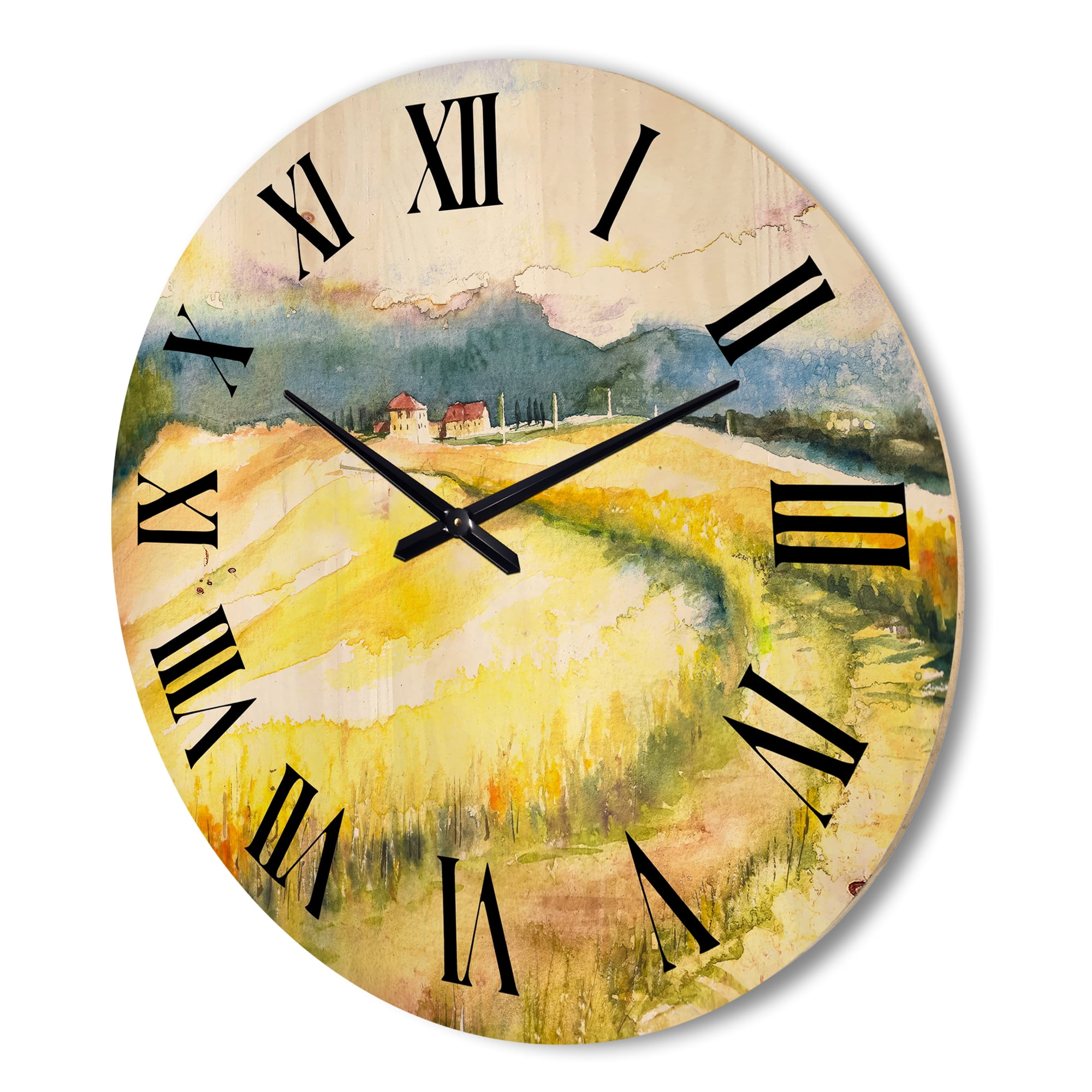 Designart 'Golden Grass Fields of Tuscany Italy' Country Wood Wall Clock