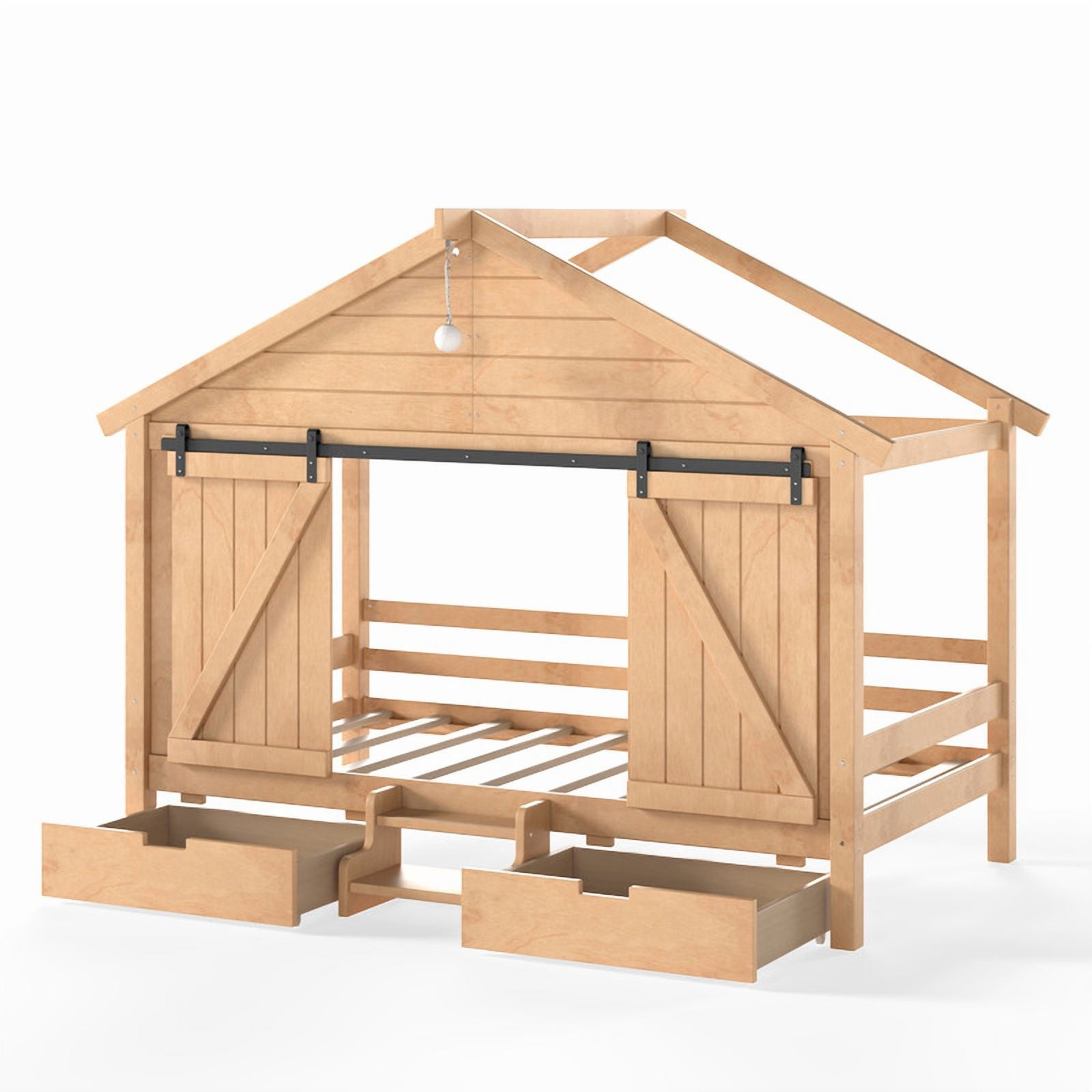 Twin Size Farmhouse House Bed with Sliding Barn Doors & Light Bulb, Wood Kid's Platform Bed Frame with Stair & Drawers