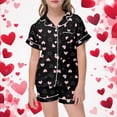 thumbnail image 2 of CAIVO Child Girls Heart And Bow Print Flannel O-Neck Button Down Lapel Short Sleeve Summer Shirt Tops + Shorts T-Shirts Tops And Pants Soft Kids Toddlers Cozy Night Outfit Sets Lovely Clothing Sets, 2 of 5