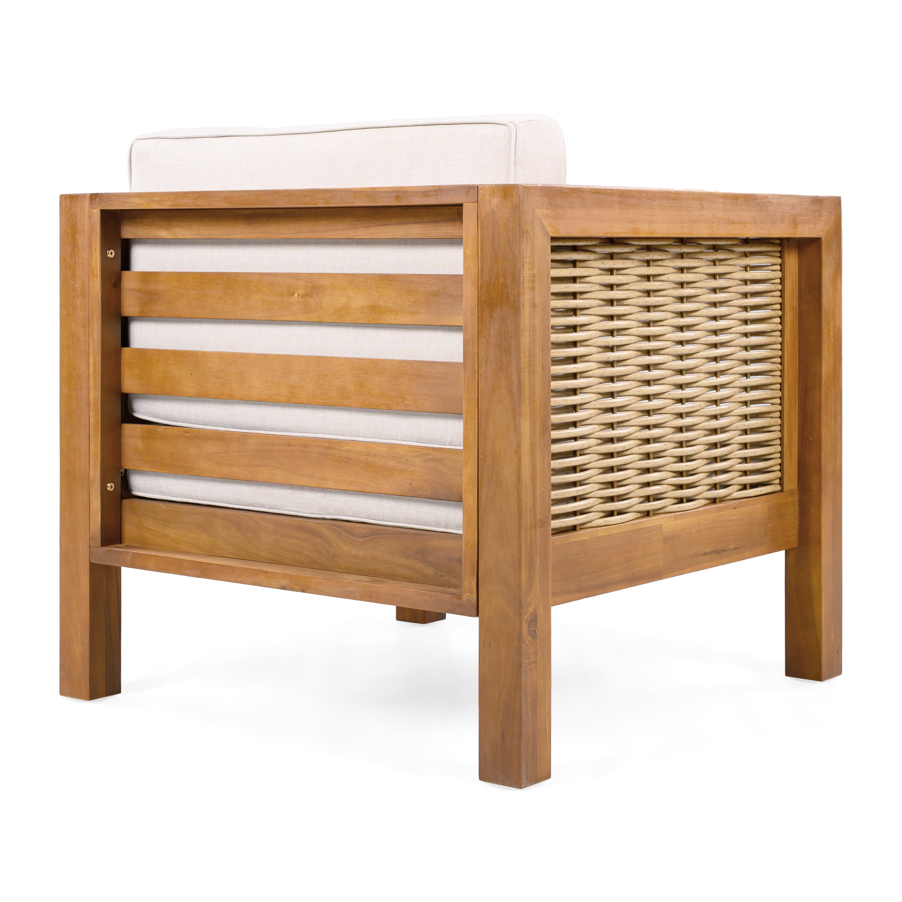 Acacia Wood Outdoor Club Chair with Wicker Armrest and Beige Cushions for Patio Garden Deck, Teak