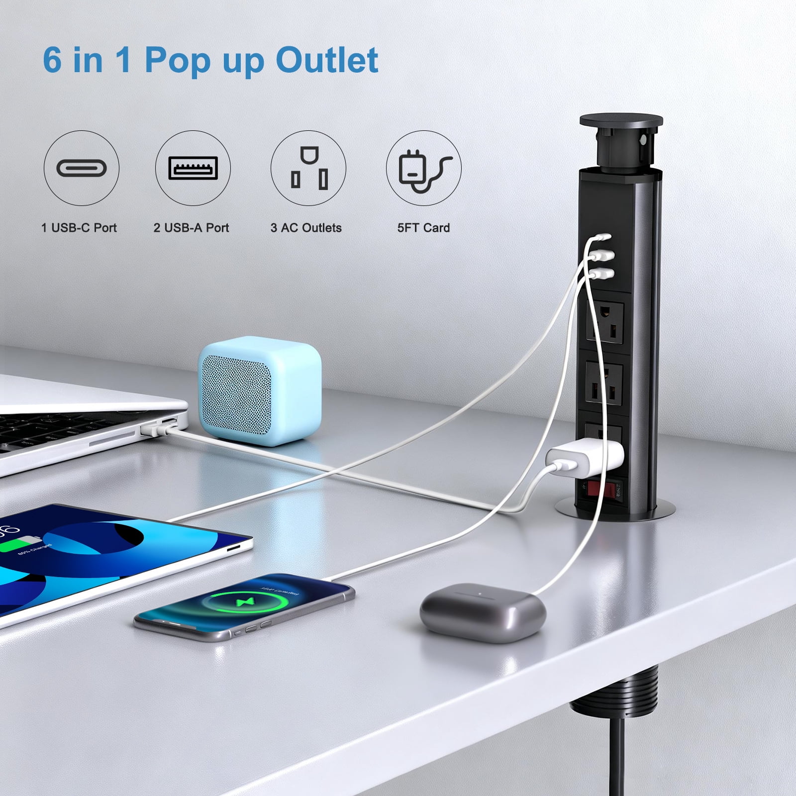 ZHANGONG Manual Pop Up Recessed Outlet for Desk Countertop, 3 AC & 3 USB (30W USB-C), Flush Mount Power Strip, Hide-Away, 5FT Cord for Office