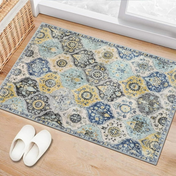 Moroccan Trellis Area Rug, 2x3 Entry Rug Non-Slip Washable Indoor Door Mat, Small Oriental Accent Throw Rug for Bedroom Kitchen Entryway Bathroom (Yellow/Aqua, 2x3ft)