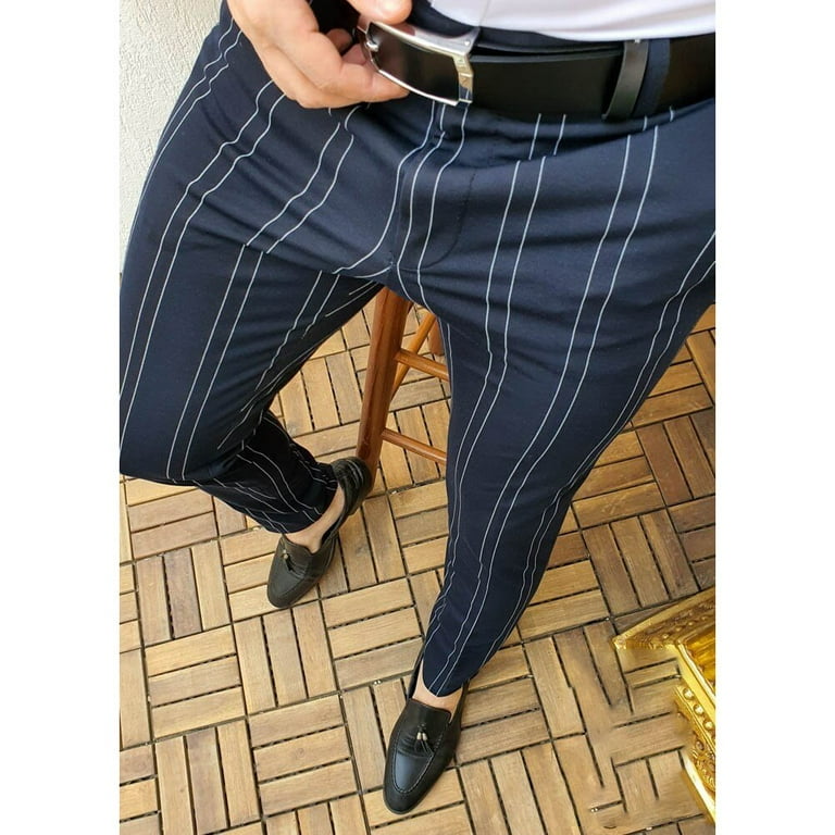 ALSLIAO Men Formal Business Casual Striped Skinny Long Pants