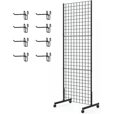 1 Pack 2'x 5' Three Pieces Gridwall Panels Stand with T-Base, Black Wire Grid Wall Rack with Wheels, Craft Display Rack, Retail Display Stand, Extra More 8 Pieces Hooks