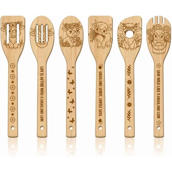 6Pcs Cartoon Highland Cattle Wooden Spoons Utensil Set Flowers Animals Bamboo Carving Kitchen Cooking Utensils Wooden Engraved