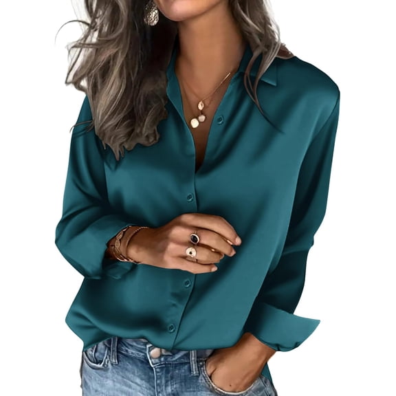 Women Long Sleeve Lapel Collar Button Down Satin Blouse, Casual Work Office Dressy Shirt