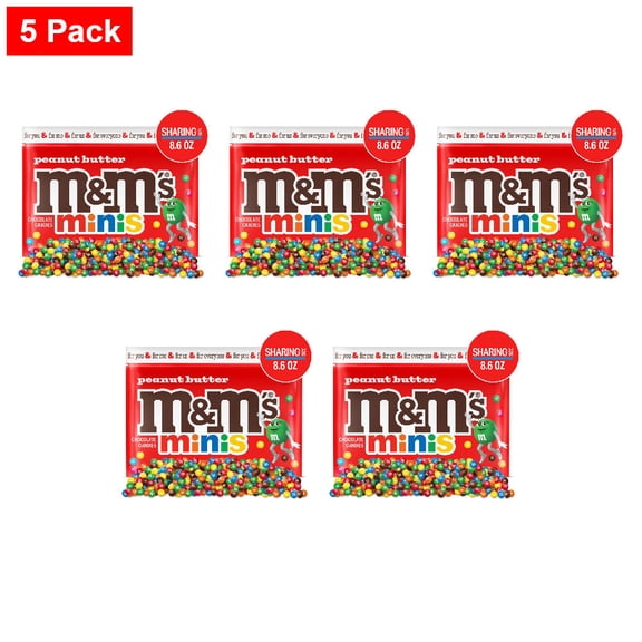 M&MS Minis Peanut Butter Milk Chocolate Snacks Candy Sharing Size Bag 8.6 oz - 5 Pack