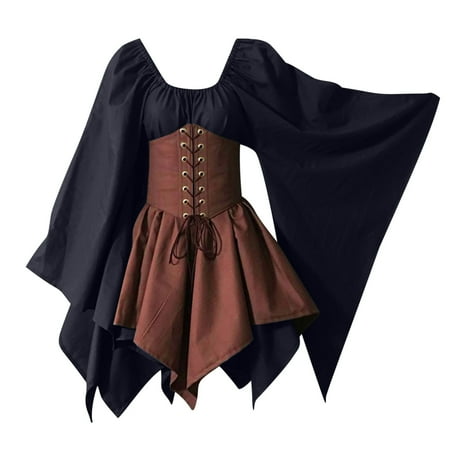 

Olyvenn Retro Long Sleeve Corset Dresses Womens Tops Casual Women Costumes Gothic Long Sleeve Crew-Neck Mid-Calf Dress For Women 2022