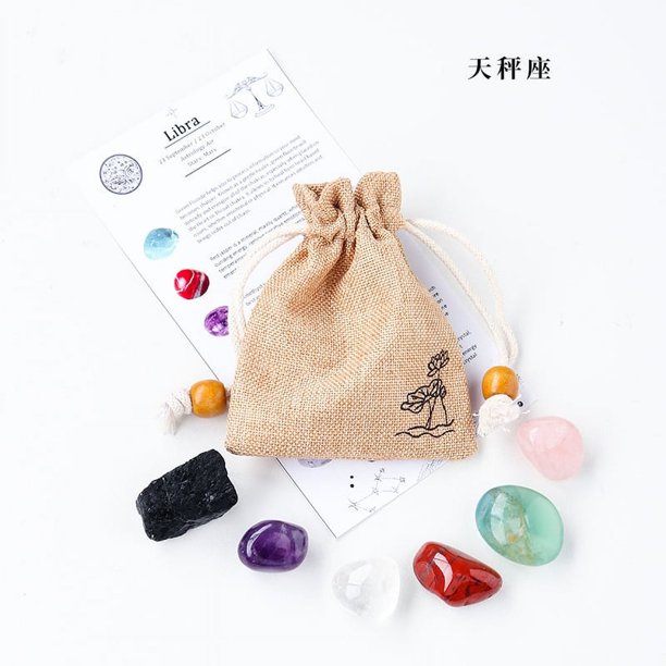 Granjero Gordo 1 juego de bolsa de tela con 12 constelaciones de piedra cruda de cristal natural, espécimen mineral de cristal DIY de Libra para Aries,