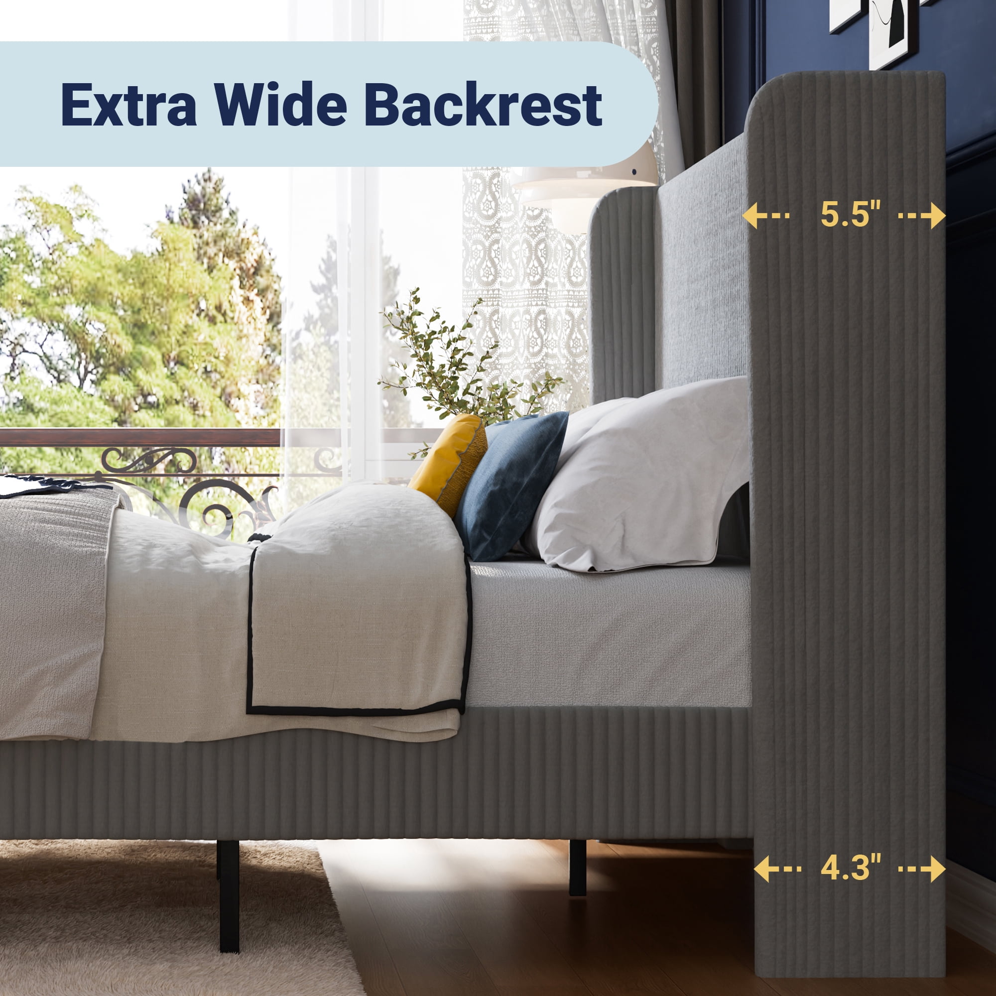 Allewie Queen Corduroy Upholstered Platform Bed Frame with Vertical Channel Tufted Wingback Headboard, 8" Under Bed Storage, Wooden Slats and Metal Frame Support, No Box Spring Needed, Light Gray