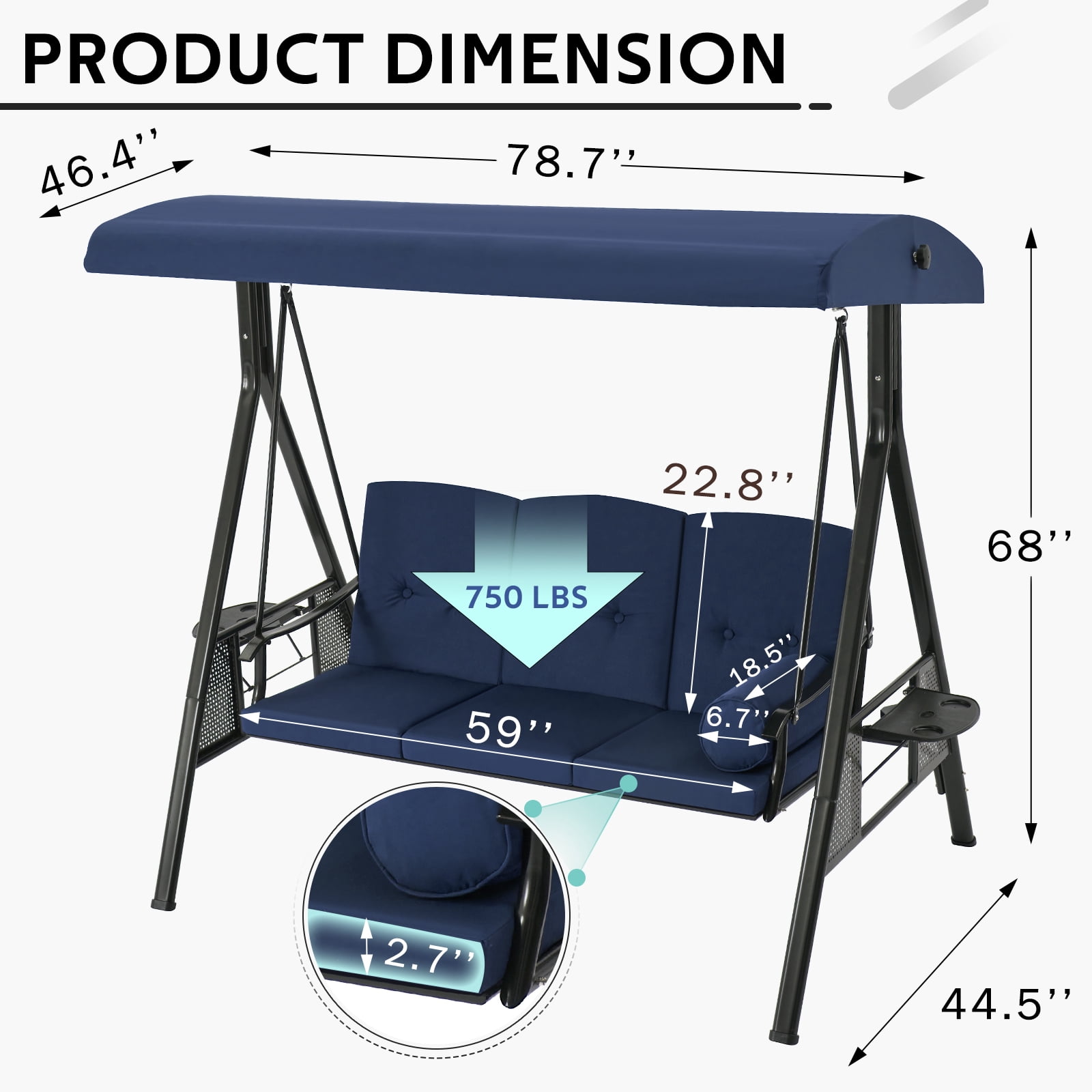 AECOJOY Steel Outdoor Patio Canopy Steel Porch Swing Chair, Dark Blue
