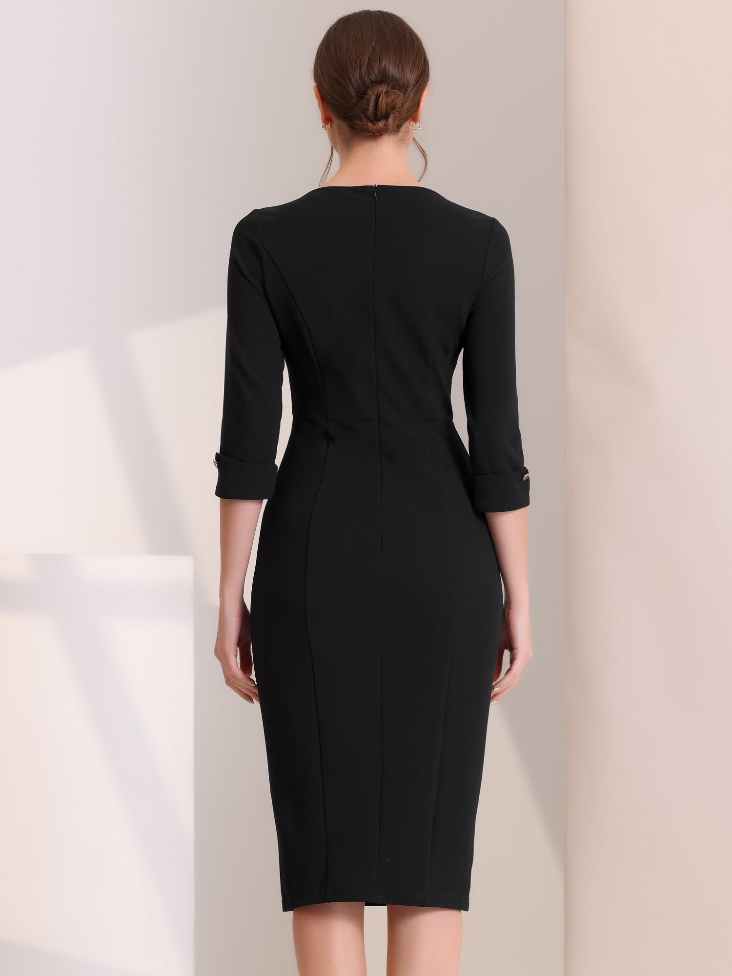 DARING DIVA Elegant Boat Neck 3/4 Sleeves Midi Split Sheath Dress S Black