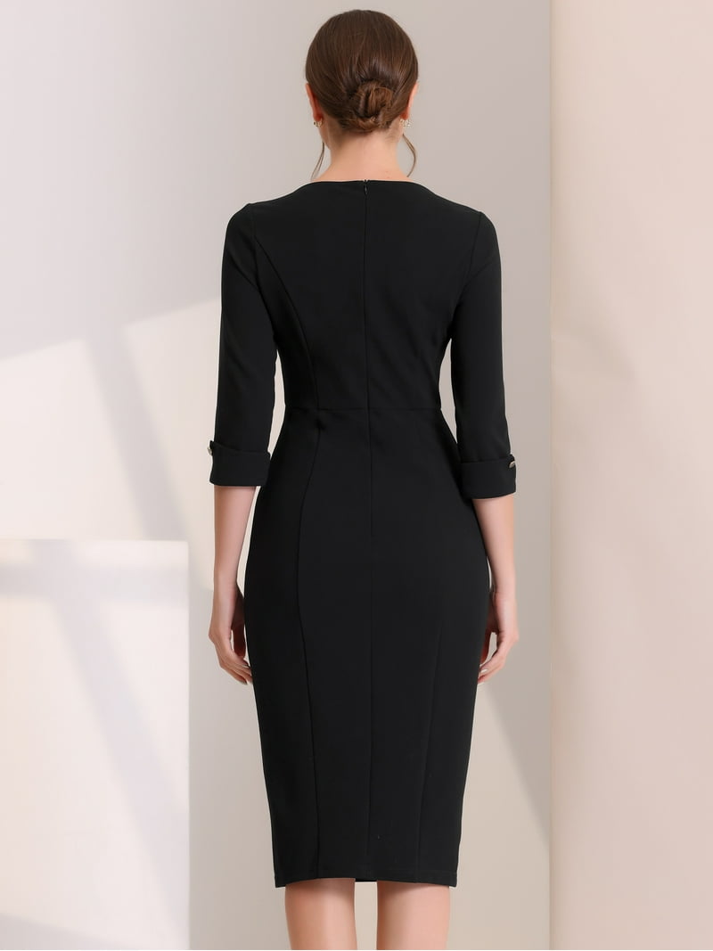 DARING DIVA Elegant Boat Neck 3/4 Sleeves Midi Split Sheath Dress