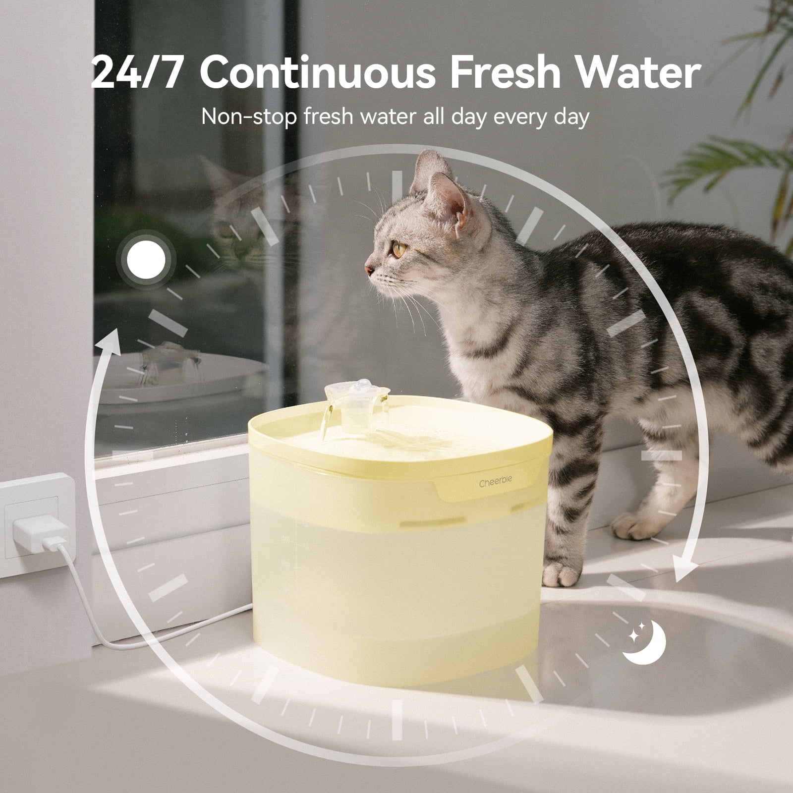 Cheerble Elfin E1 Lite Pumpless Plastic Pet Water Fountain with Filter, 2 L, Butter Yellow