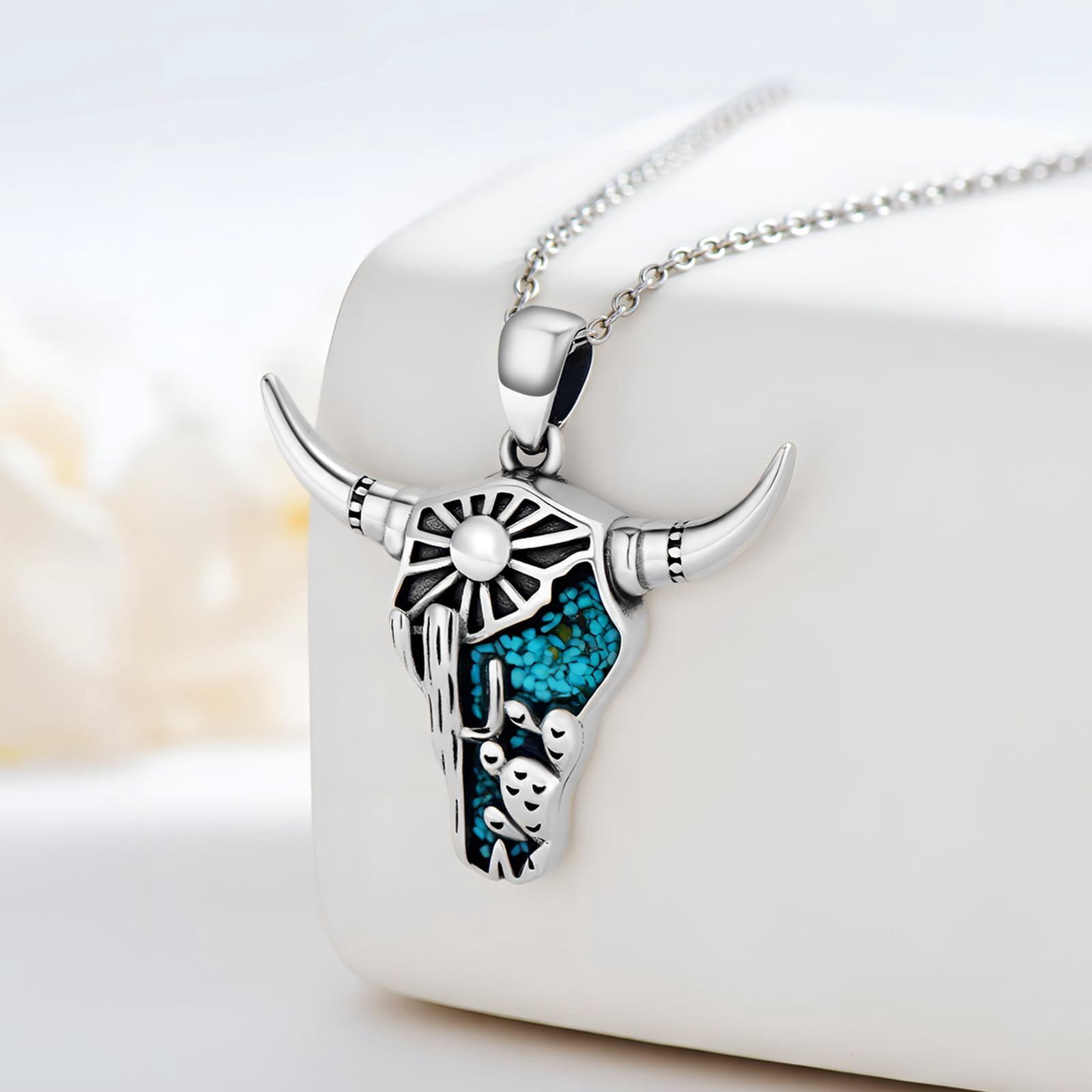 Coachuhhar Western Cow Skull Necklace 925 Sterling Silver Cactus Turquoise Pendant Necklace Jewelry Country Mothers Day Gifts for Mom Women