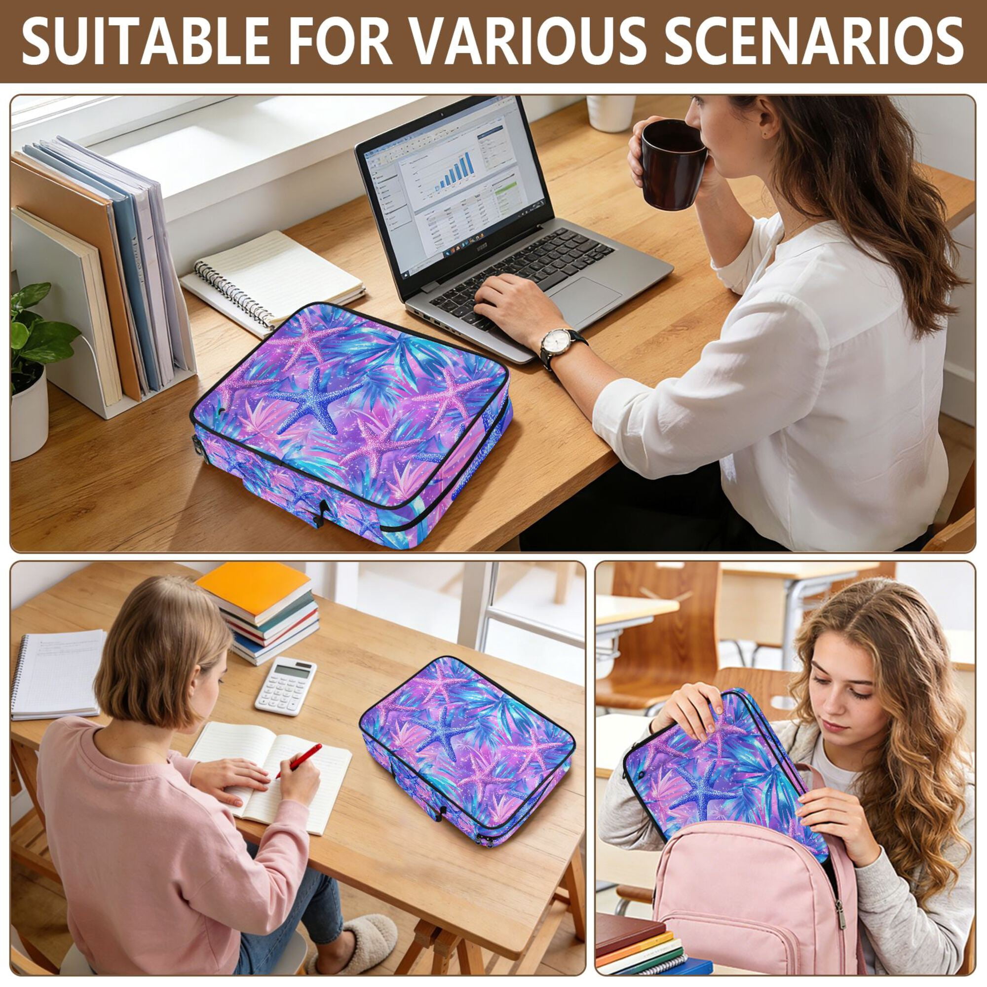 FORMRS Accordion File Folder A4 Size 7-Pocket Expanding Document Organizer Bag with 3 Ring Binder, Purple Starfish Pattern