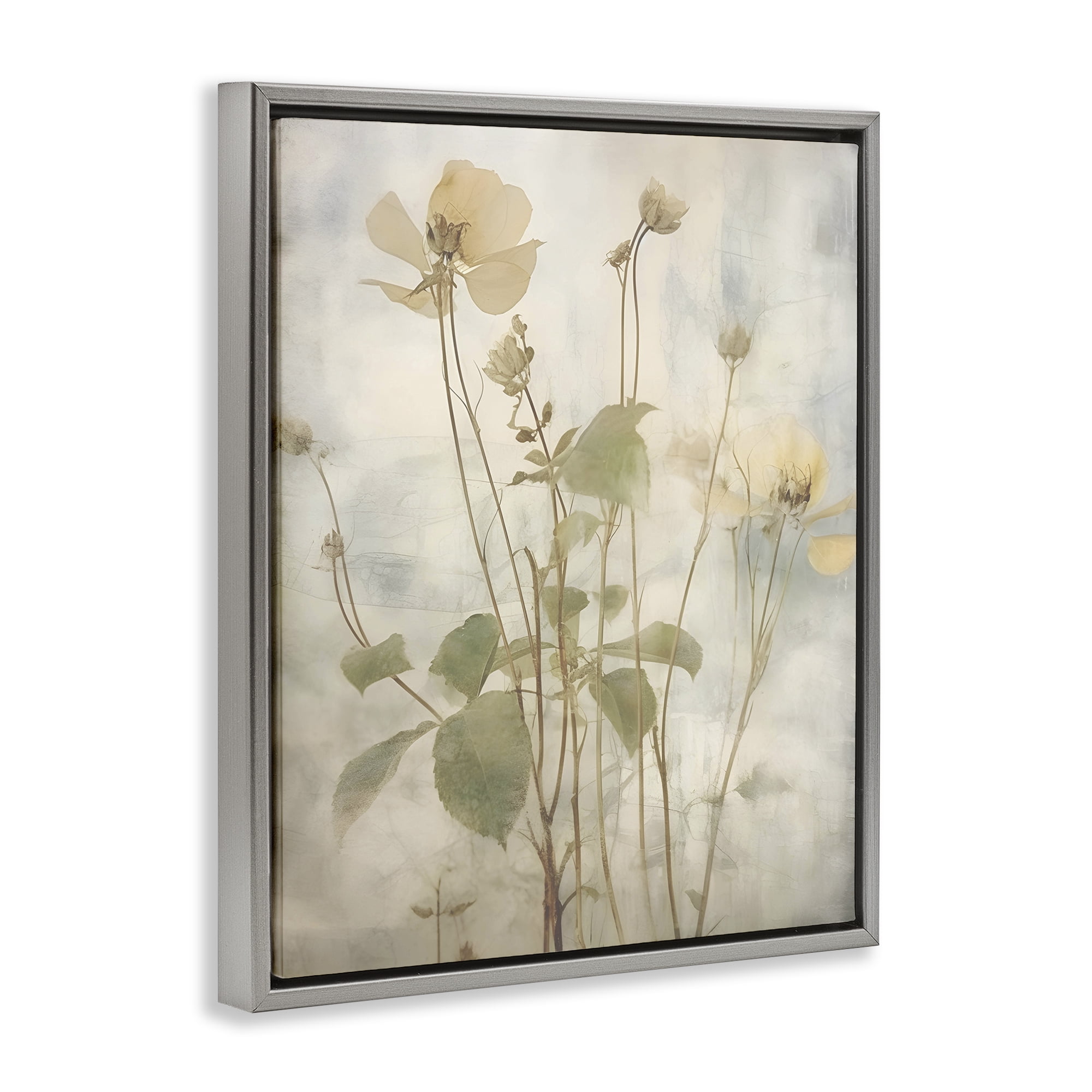 Stupell Industries Soft Botanicals Pattern Plants & Flowers Painting Gray Floater Framed Canvas Art Print Wall Art, 17 x 21