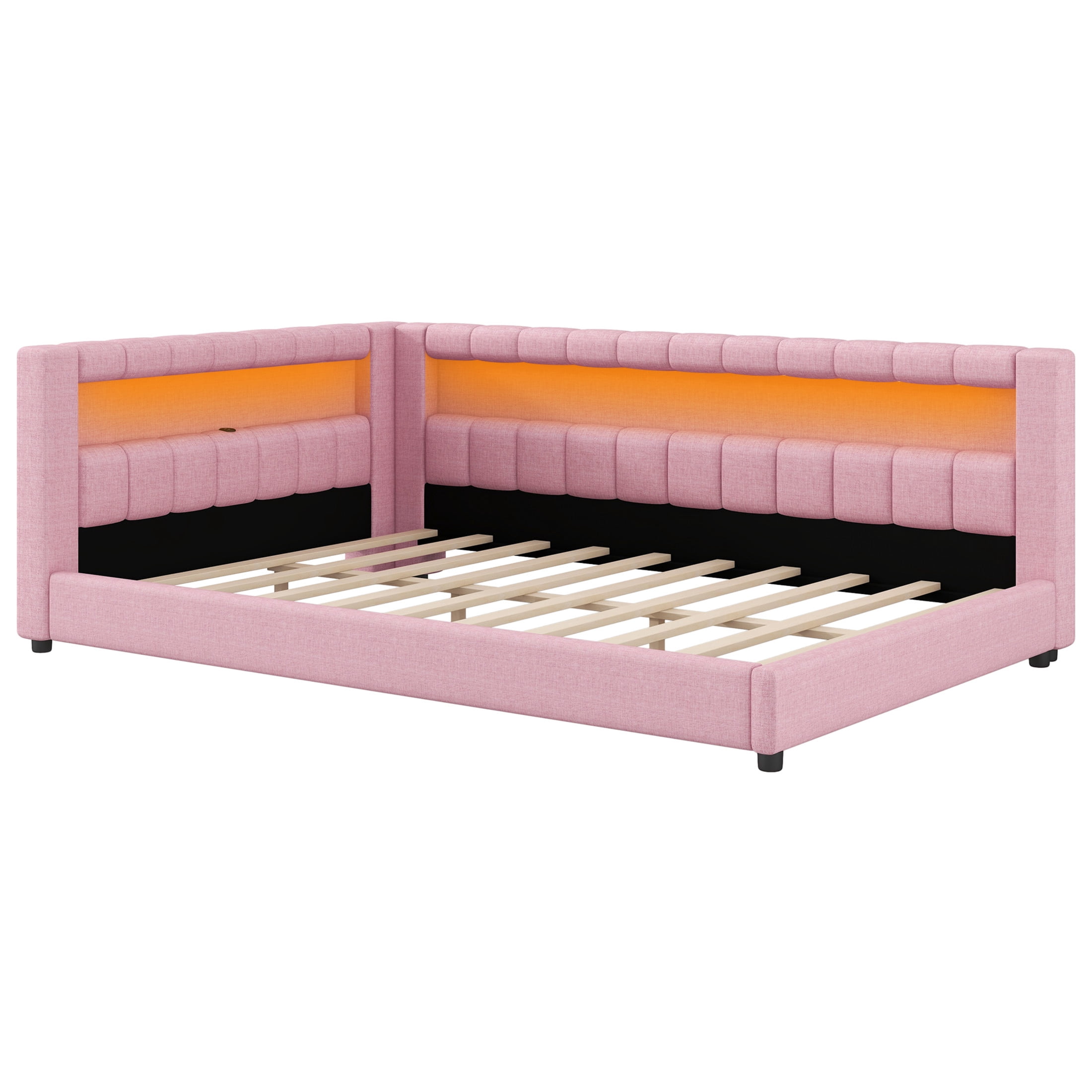 Noble House Dexter Full XL Linen Upholstered Platform Bed with LED Light Belt and USB Ports, Wood Frame, Pink